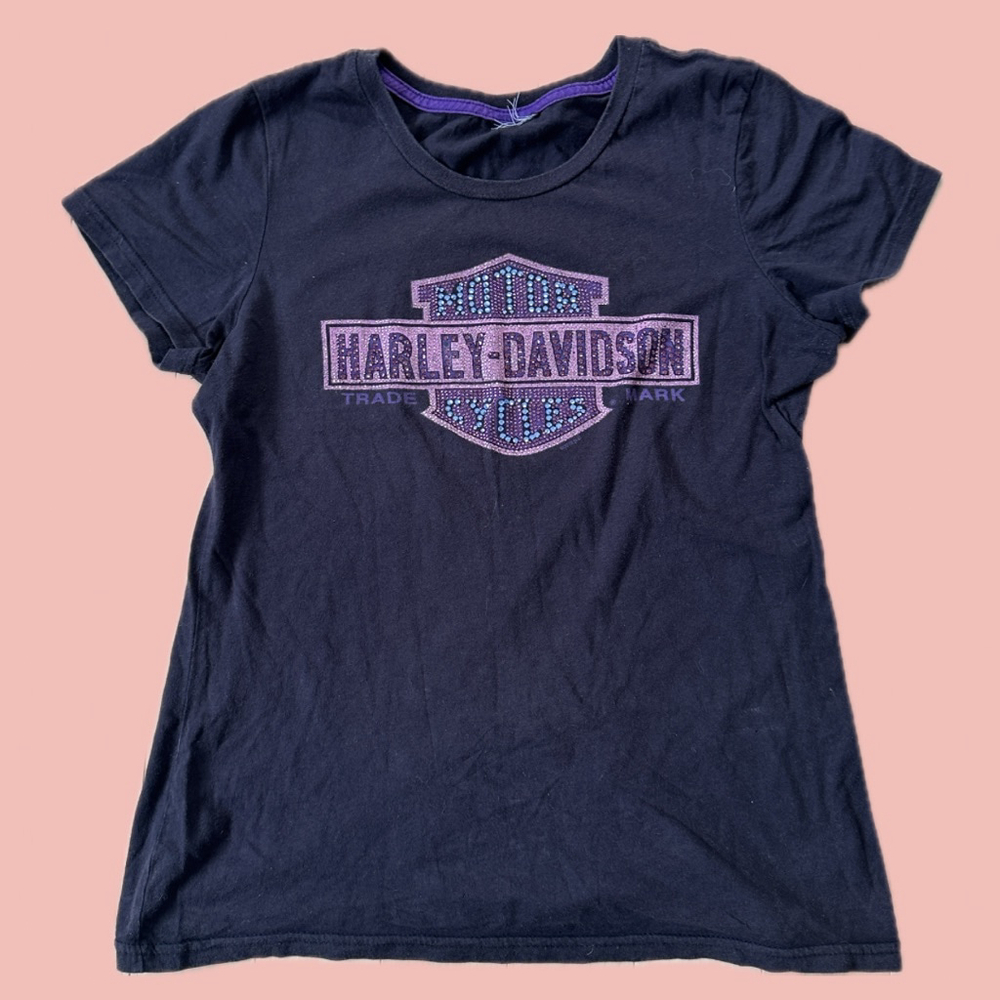 Harley Davidson Women Baby Tee Size L Black Rhinestone Logo Top